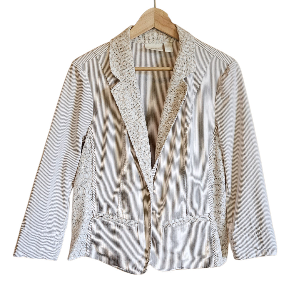 Chico's Size 2 Large Tan White Striped Lace Panel Blazer Jacket Seersucker